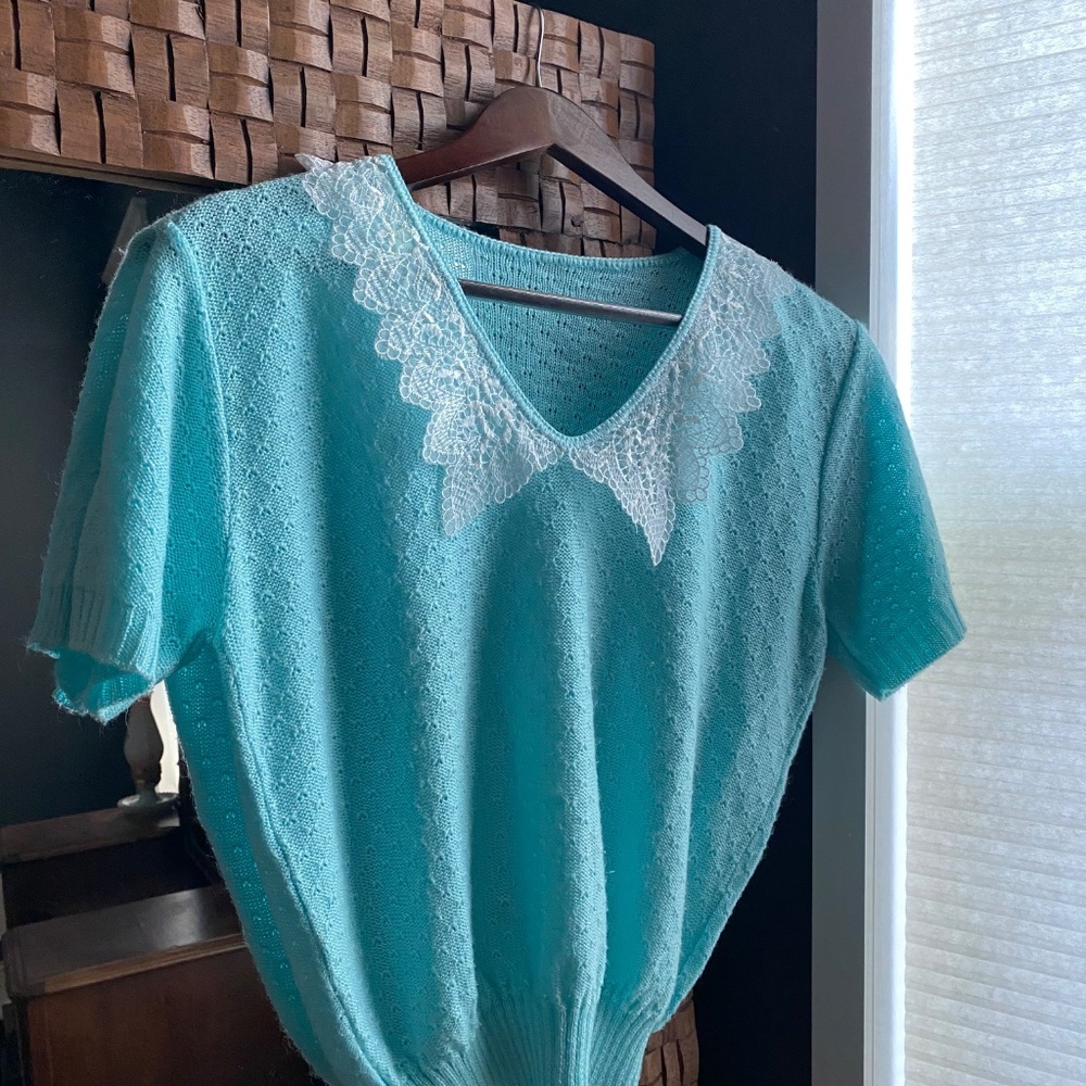Blue Short Sleeve Vintage Knit Blouse Large - Coquette Grandmacore Cottagecore